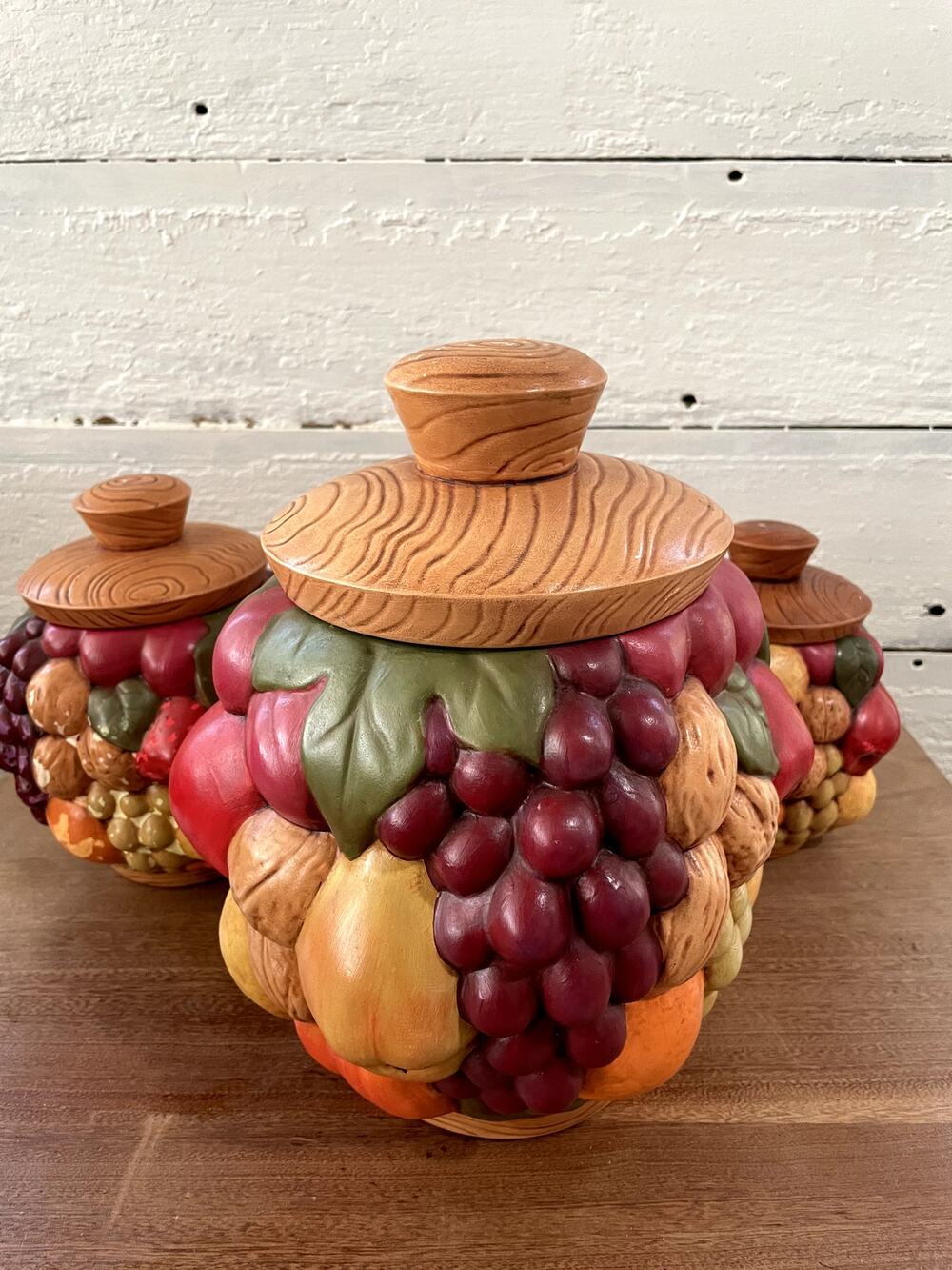 Vintage Fruit & Nut Canister Set of 3 Sculptural Ceramic Kitchen Jars With Lids